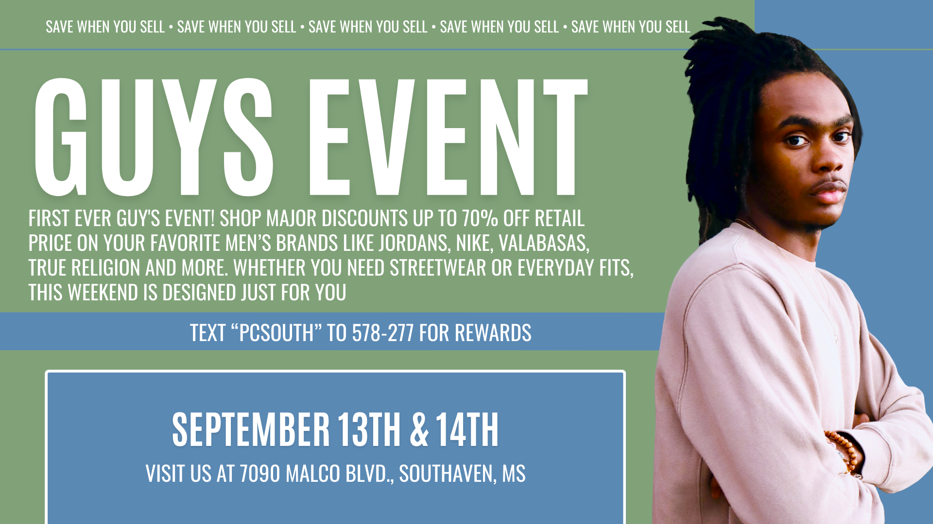 Men’s fashion event at Plato’s Closet Southaven featuring sweaters, jackets, and fall styles for guys, happening September 13–14, with 25% off select items.